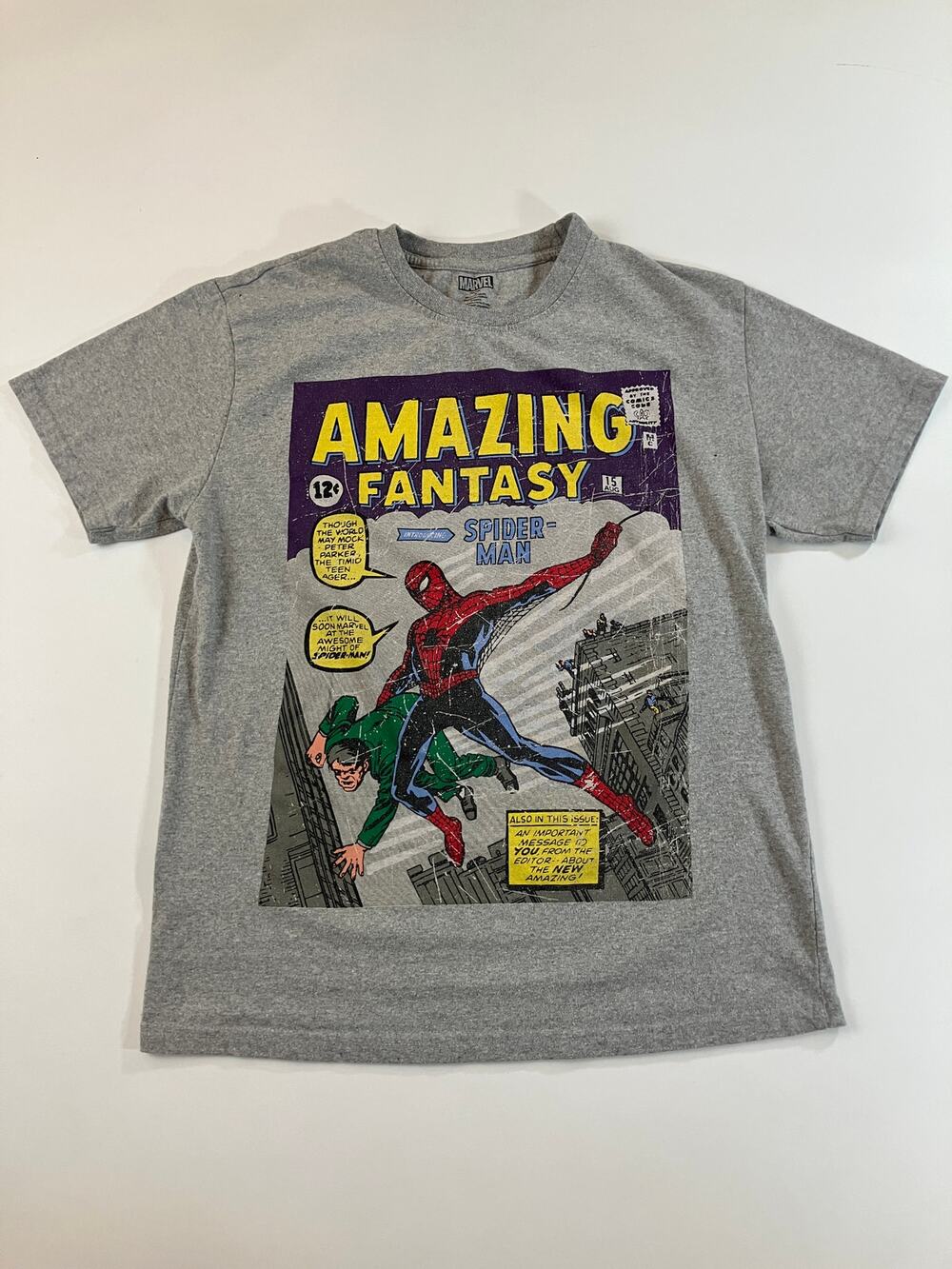 Marvel Spider-Man Amazing Fantasy #15 T Shirt Medium Gray Comic Cover Graphic